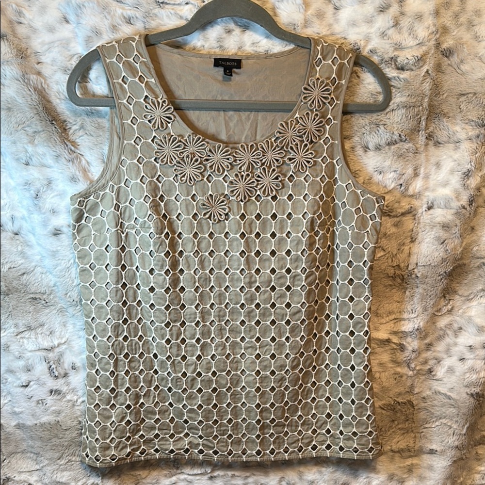 Talbots Beige Sleeveless Tank Top with Lace Overlay and Floral Accents Size 8